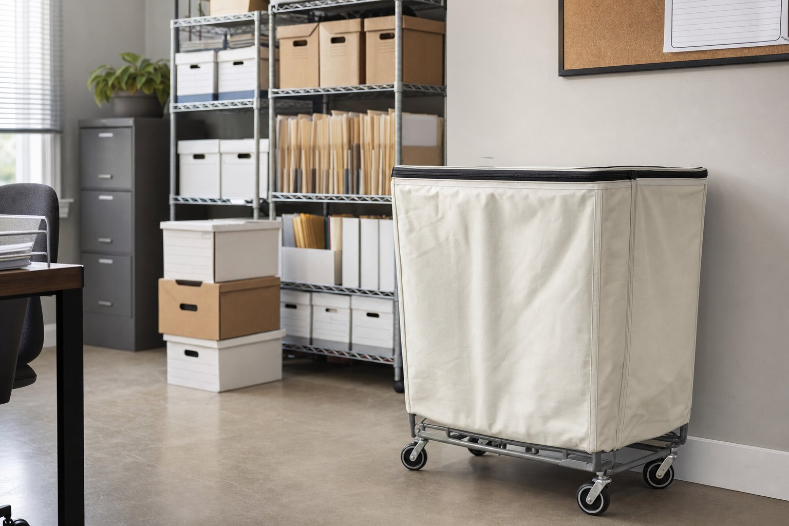 Organized business records area with archive boxes and a secure rolling collection cart