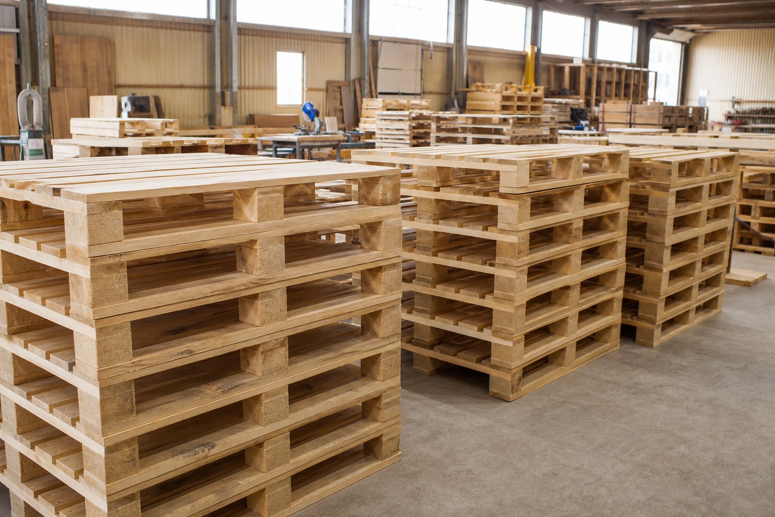 Wooden pallets staged in a clean industrial workshop