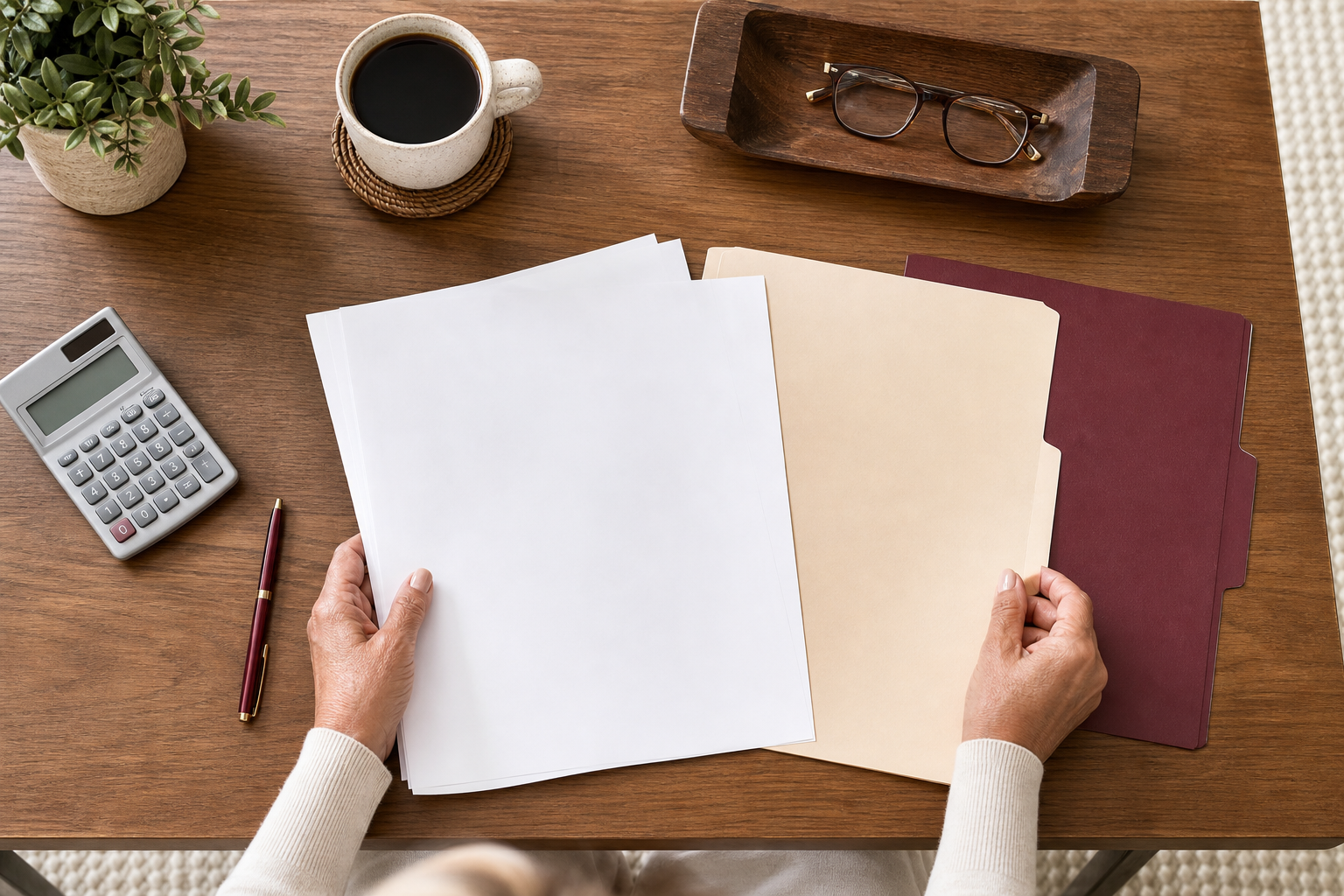Person organizing retirement plan paperwork and folders on a table