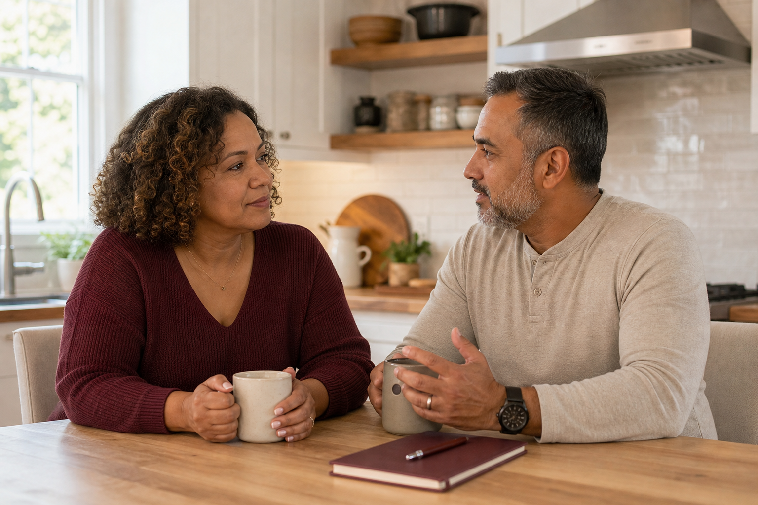 Couple having a thoughtful retirement planning conversation at home