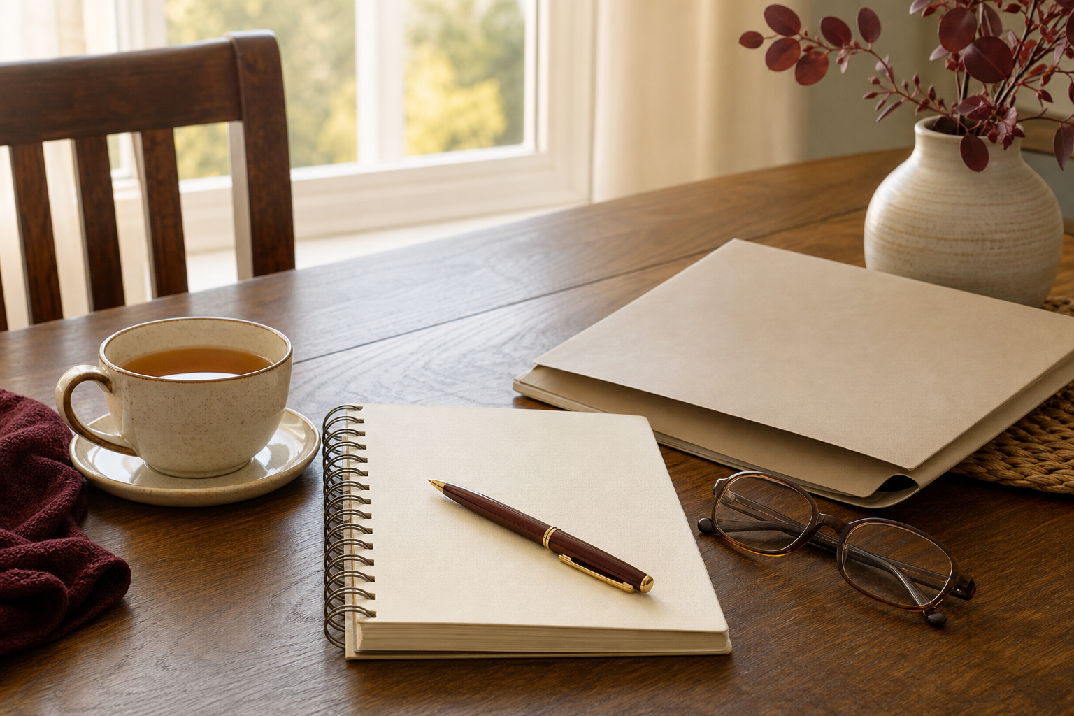 Retirement planning notebook and folder on a home table