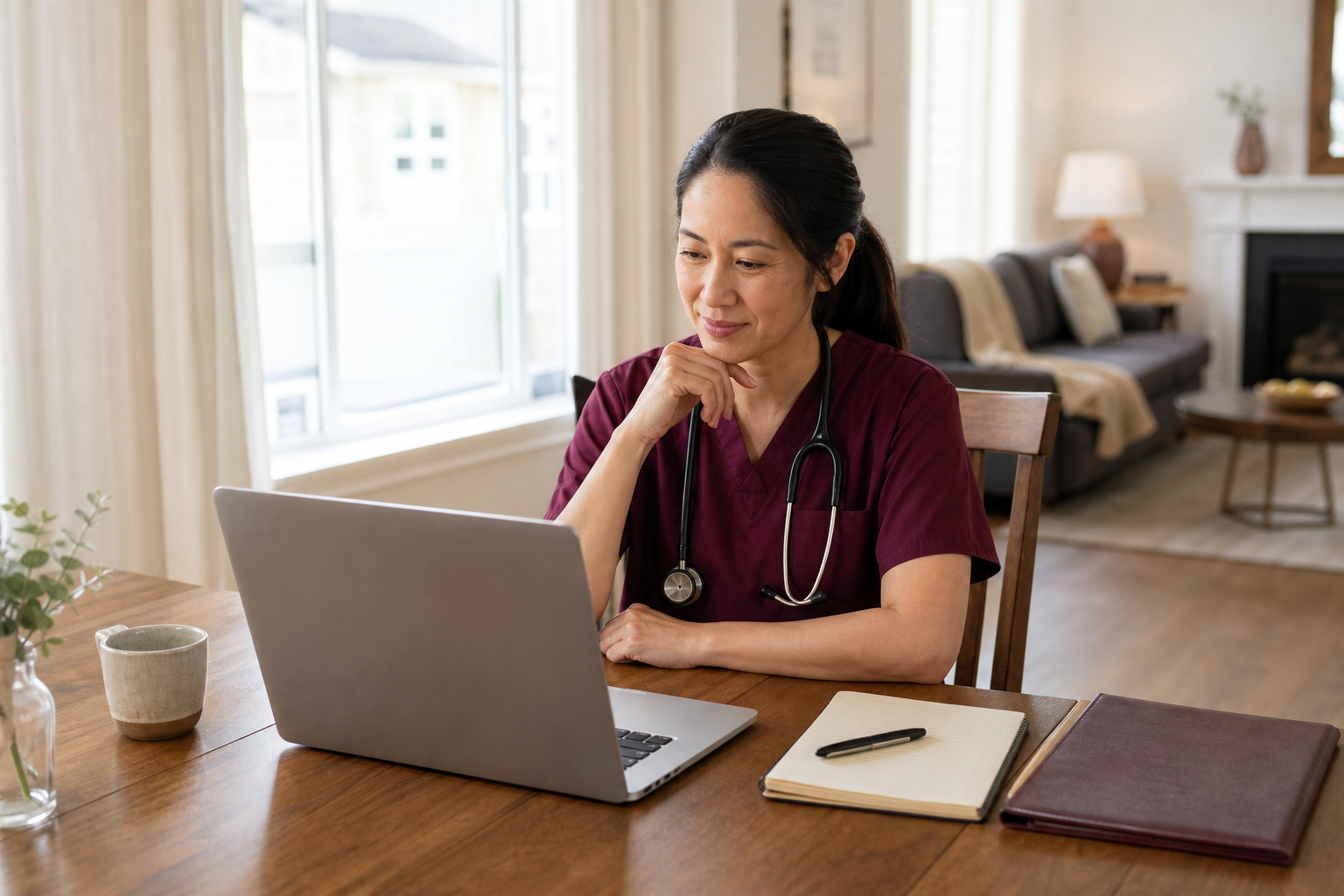 Healthcare professional reviewing retirement benefits at home