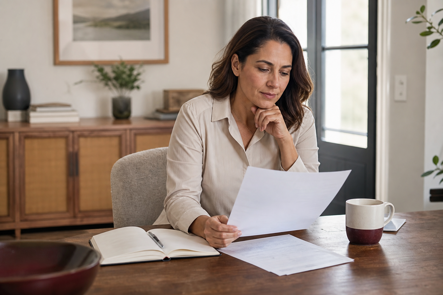 Woman reviewing retirement paperwork at her home table