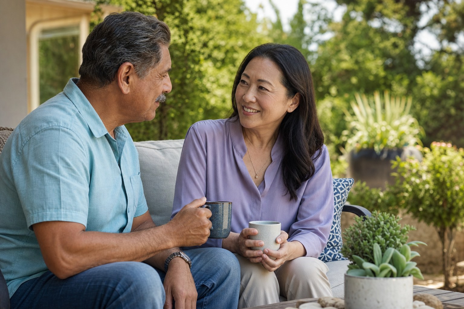 Couple having a relaxed conversation outdoors about their future