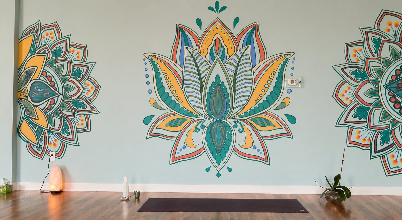 Colorful mandala artwork in a meditation space