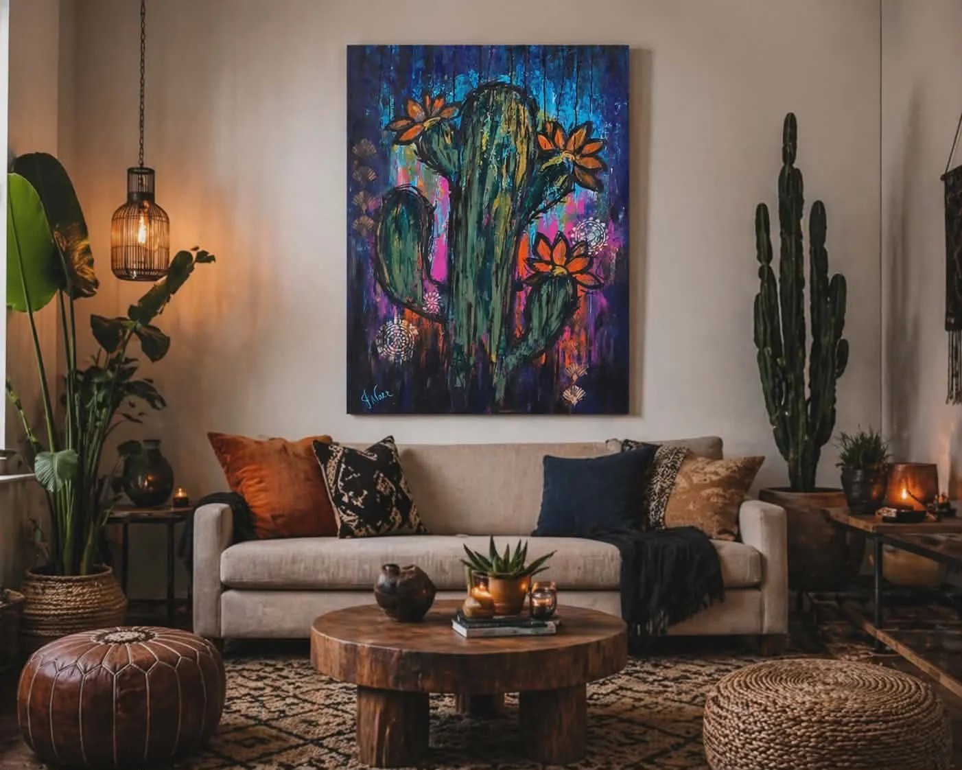 Cactus painting displayed above a living room sofa