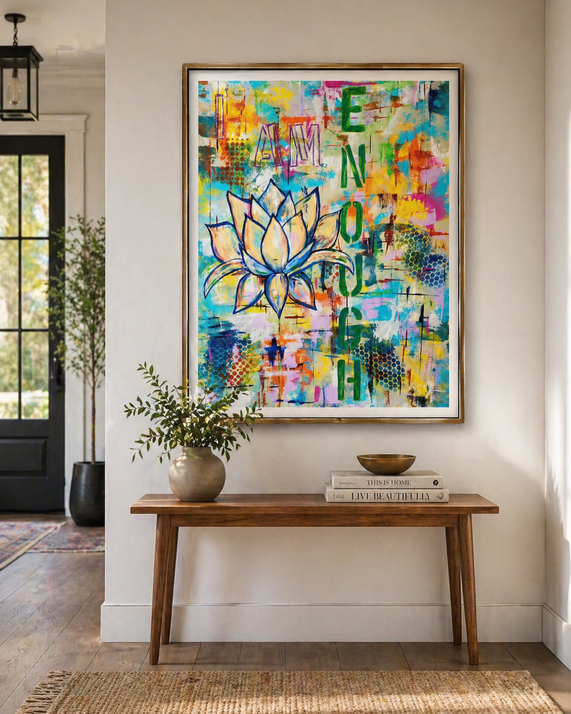 Lotus painting with the words I AM ENOUGH above a console table