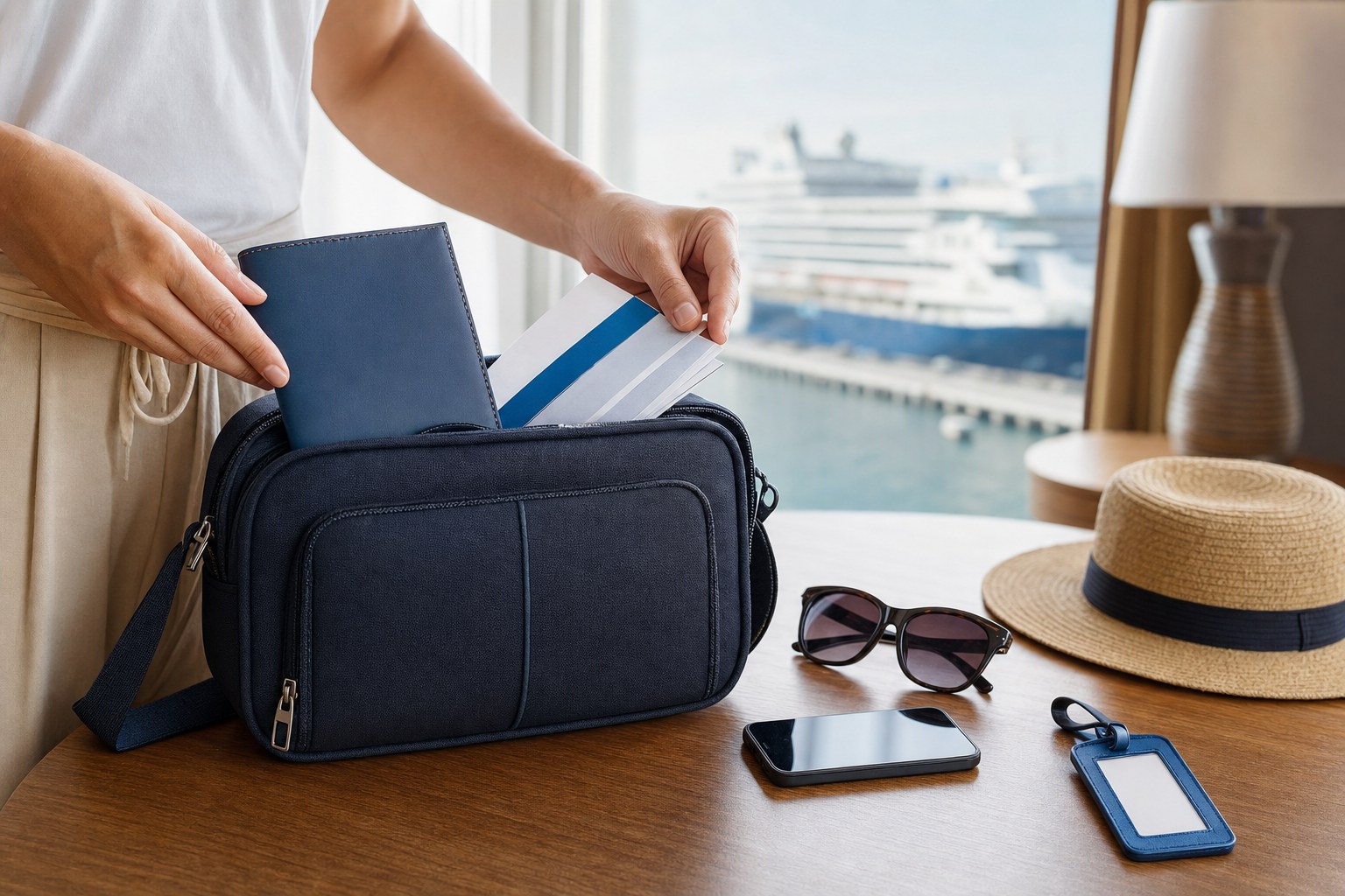 Traveler placing a passport wallet and boarding papers into a carry-on bag