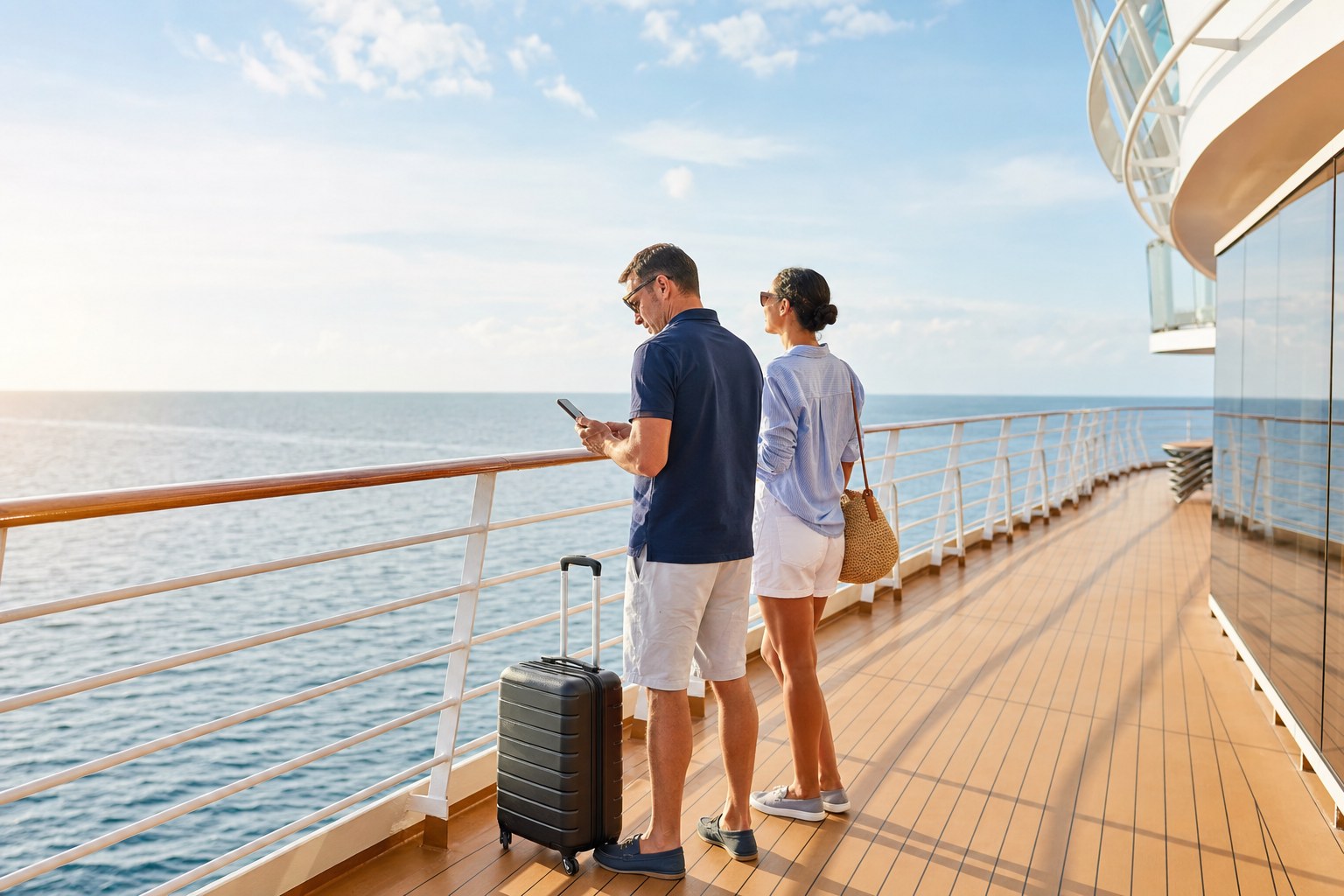 Travelers on a cruise ship deck looking at the ocean shortly after boarding