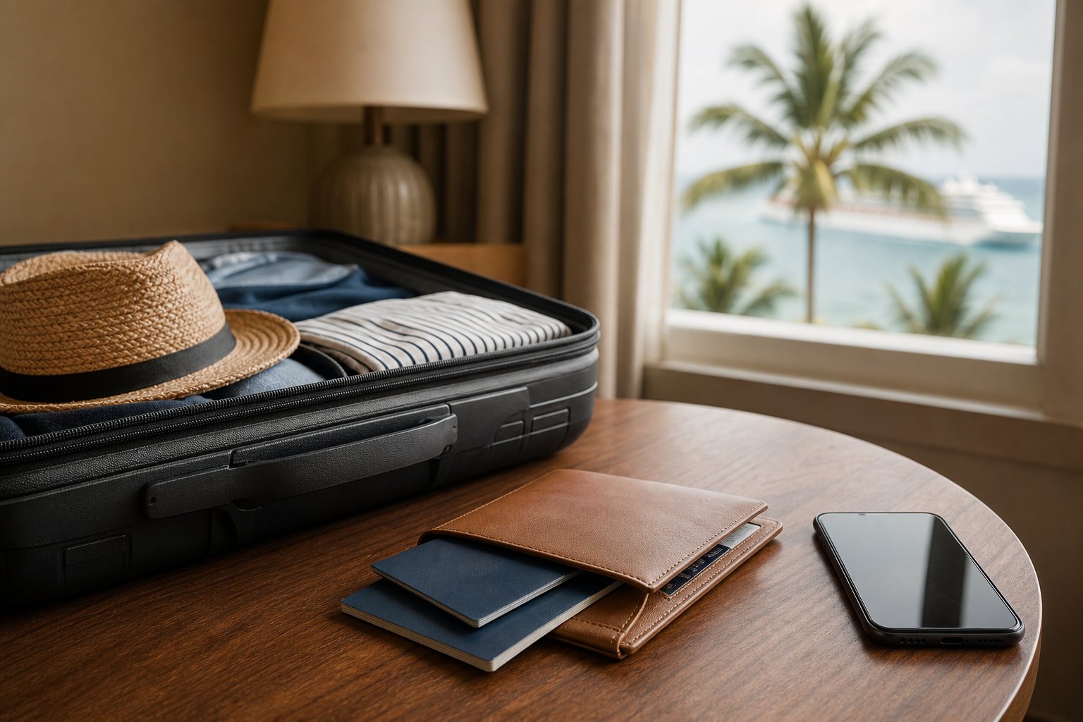 Carry-on luggage and travel documents ready in a Florida hotel room