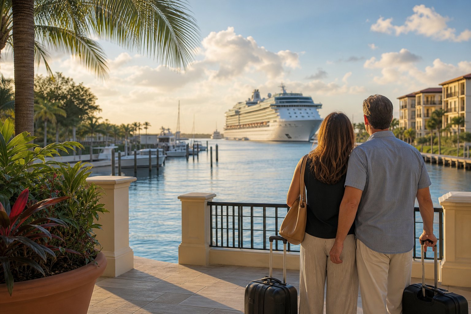 Couple looking toward a cruise ship from a Florida waterfront hotel
