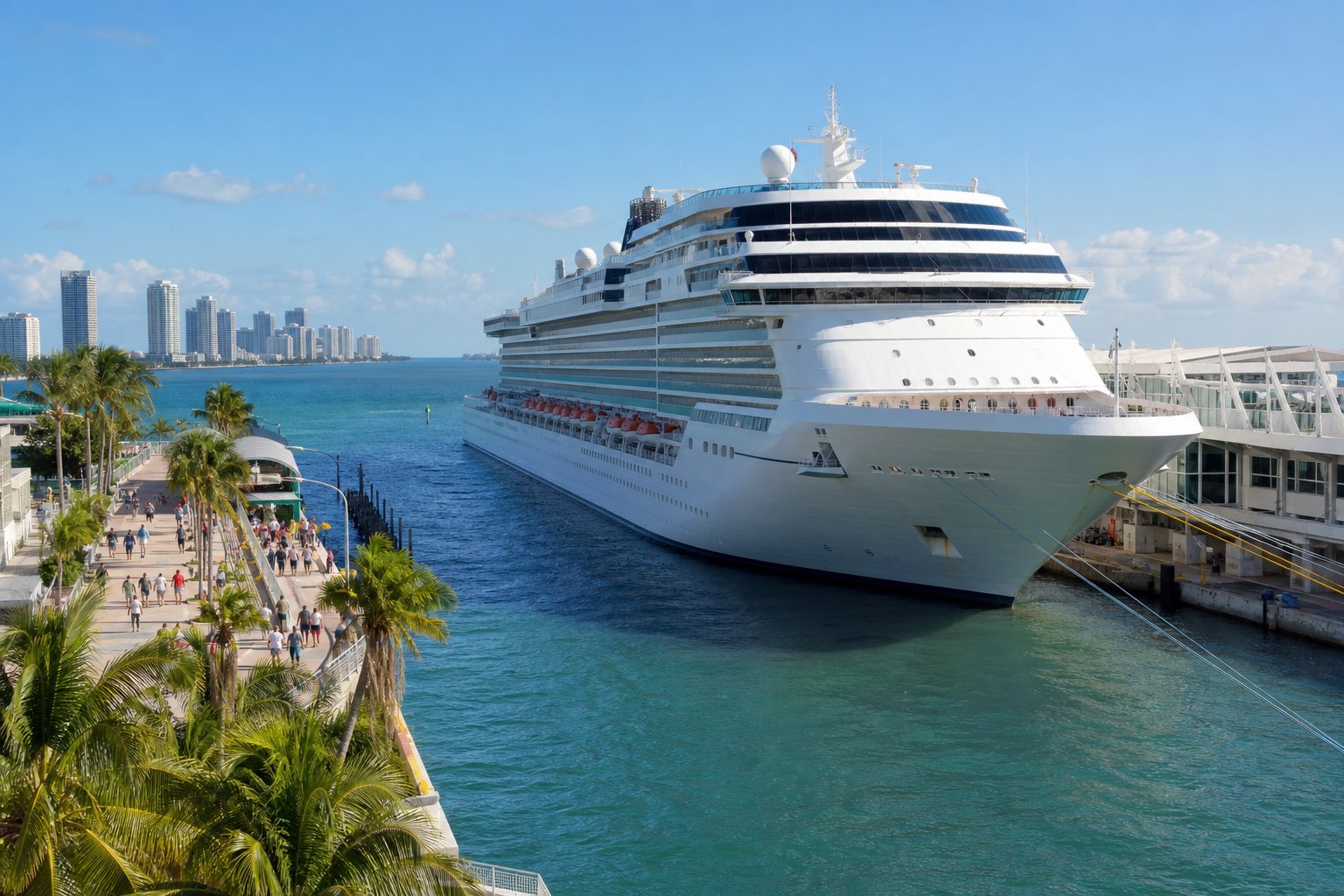 Cruise ship docked beside a sunny Florida waterfront terminal