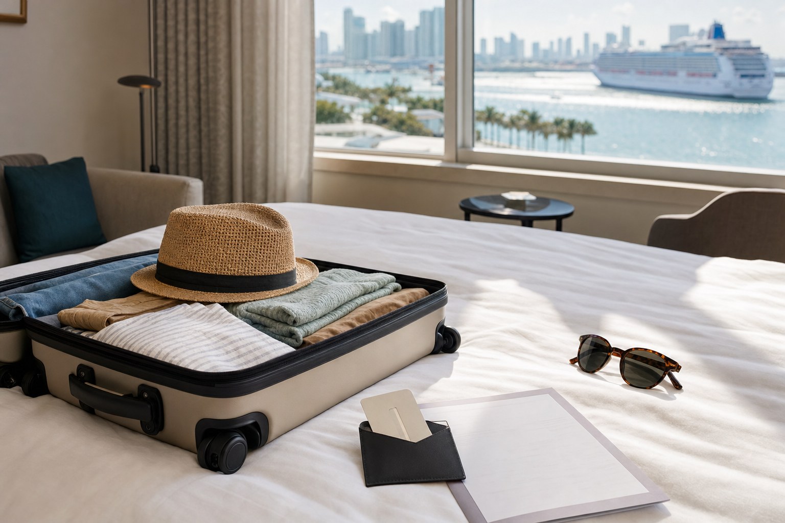 Packed carry-on on a hotel bed beside cruise travel documents and a Miami waterfront view