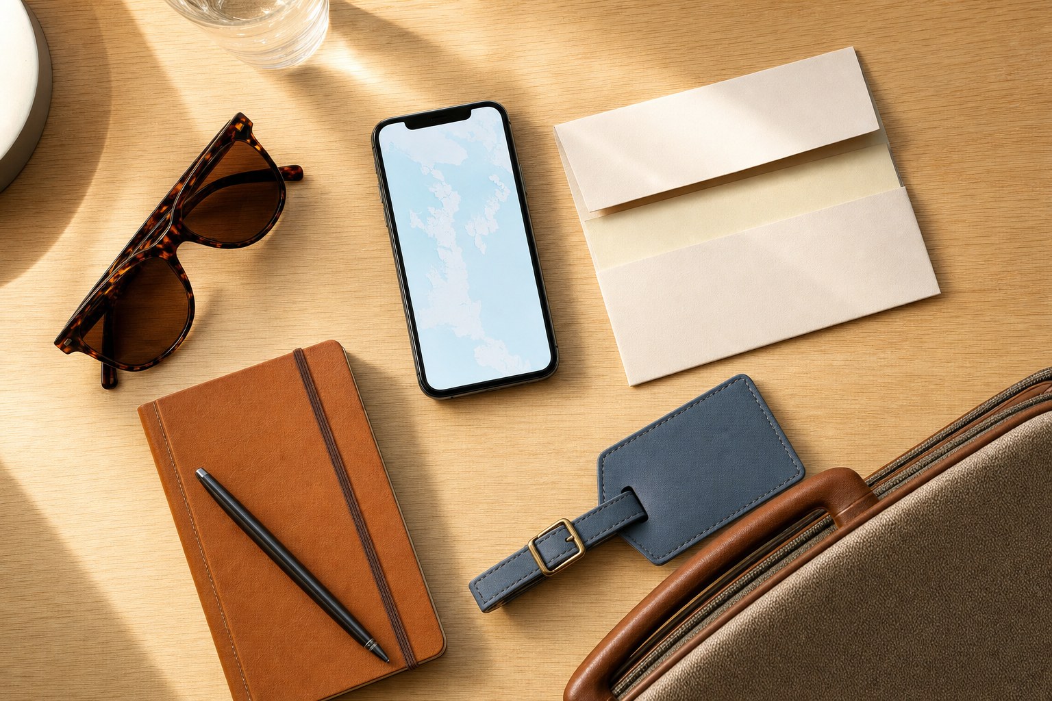 Travel notebook, luggage tag, phone and sunglasses arranged on a hotel desk