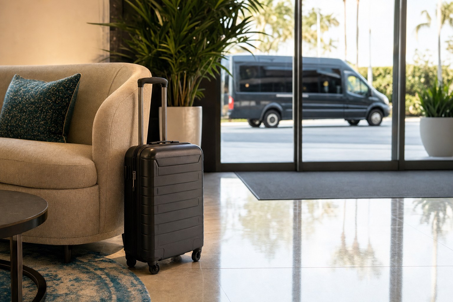 Suitcase in a hotel lobby with an unbranded passenger van outside