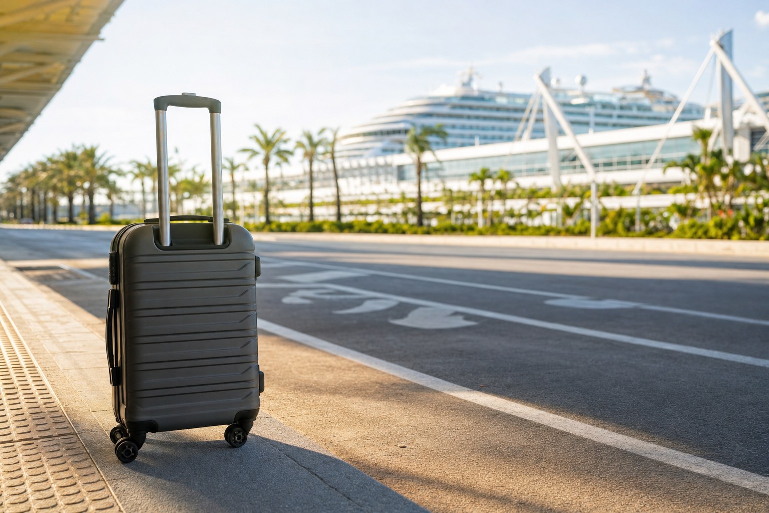 Rolling suitcase at a sunny cruise terminal curbside drop-off