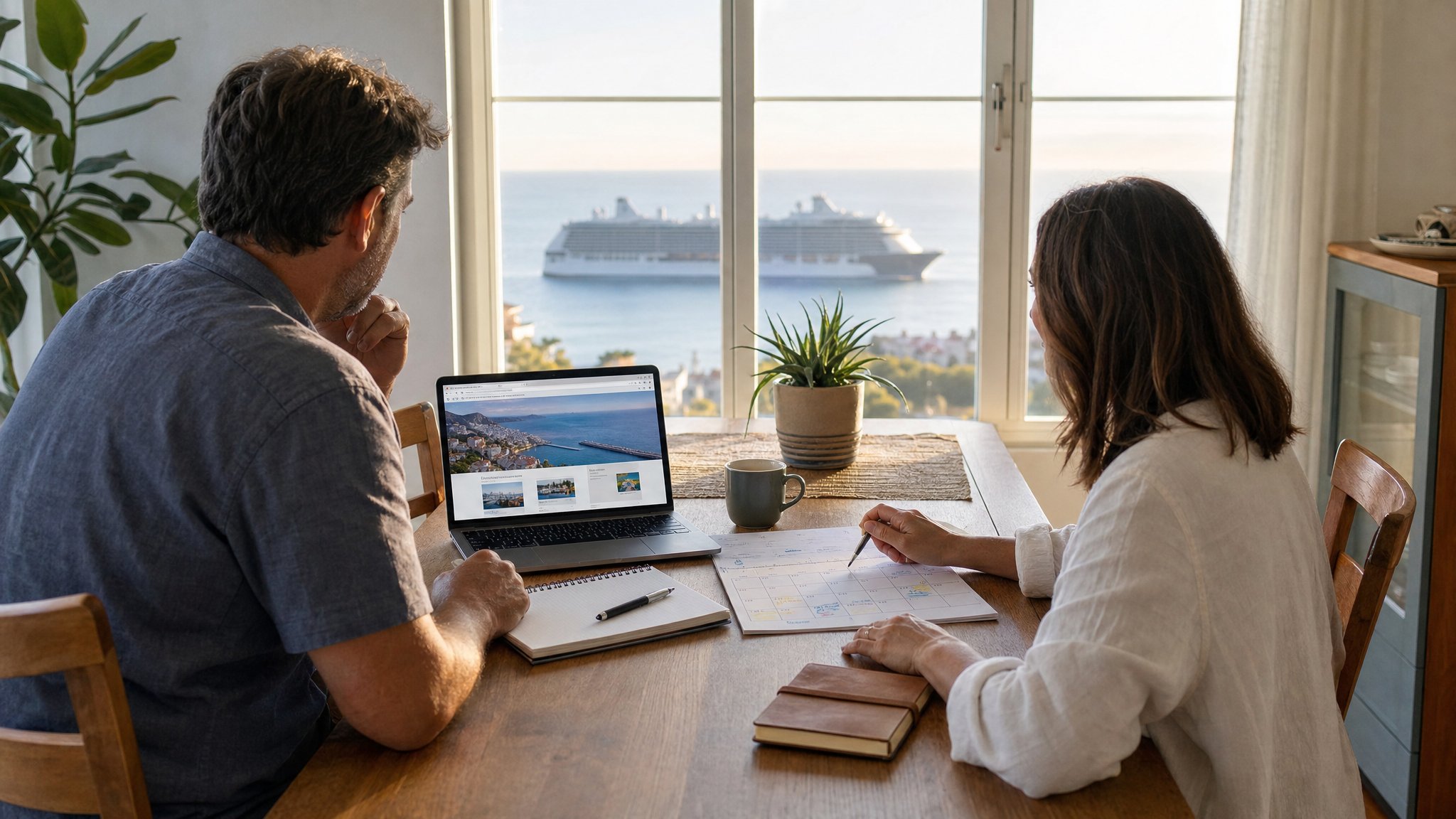 Couple comparing cruise options and a calendar at a table overlooking the sea