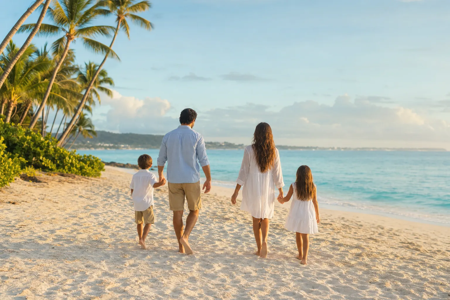 Family walking toward a Caribbean beach