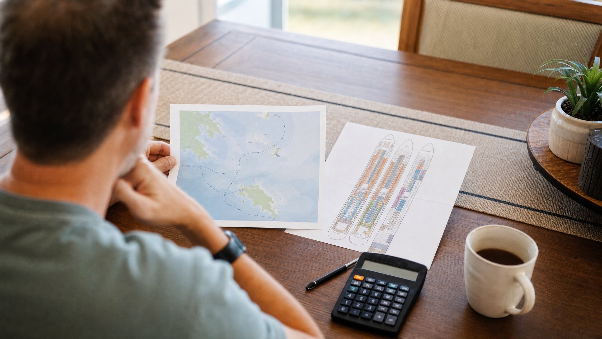 Traveler comparing a cruise route map and cabin deck plans at a table