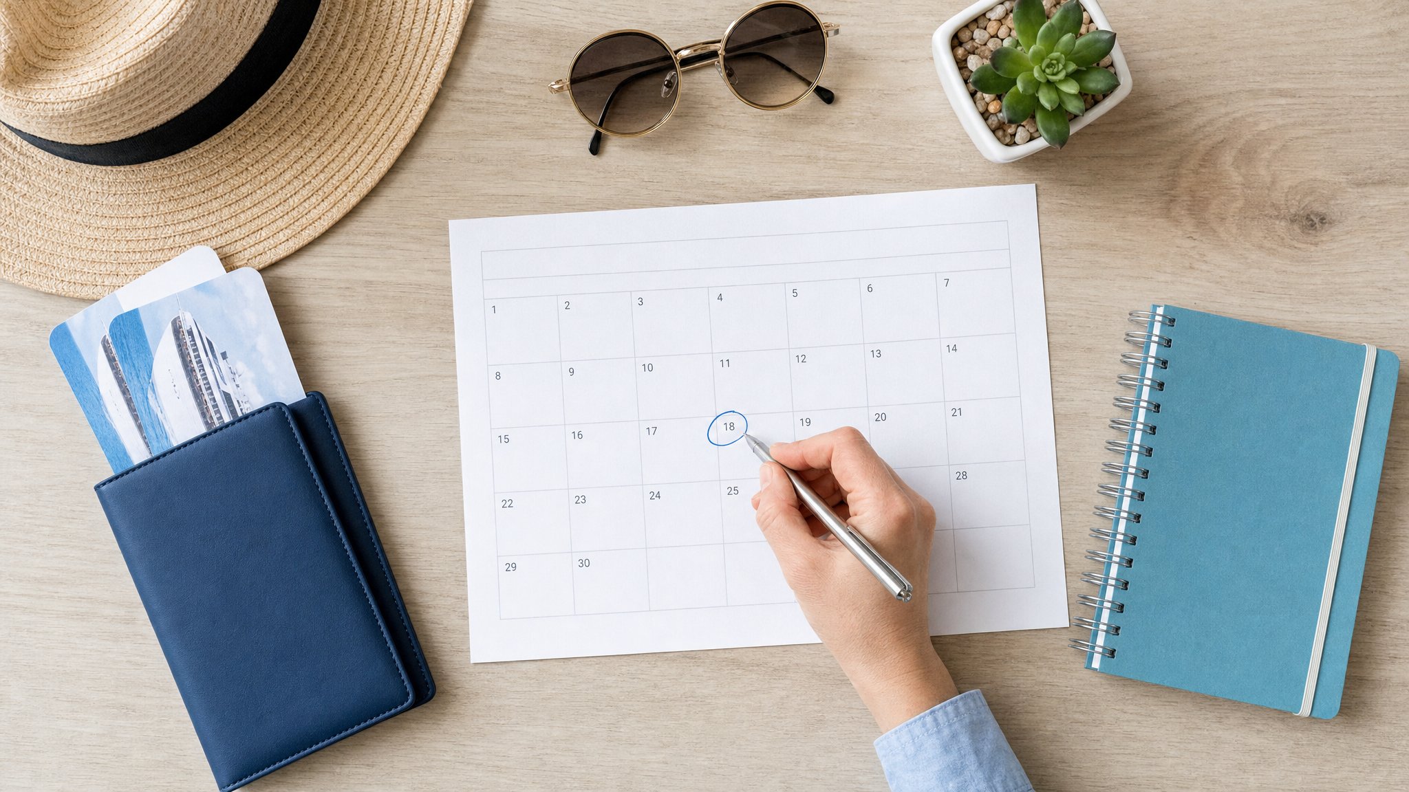 Hand circling a cruise travel date on a calendar beside a passport holder and notebook