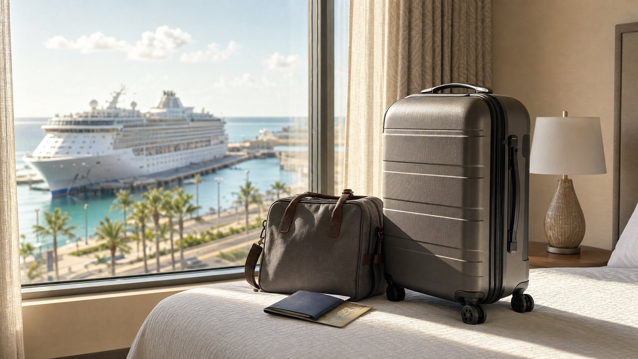 Carry-on suitcase and overnight bag ready beside a hotel window overlooking a cruise ship in port