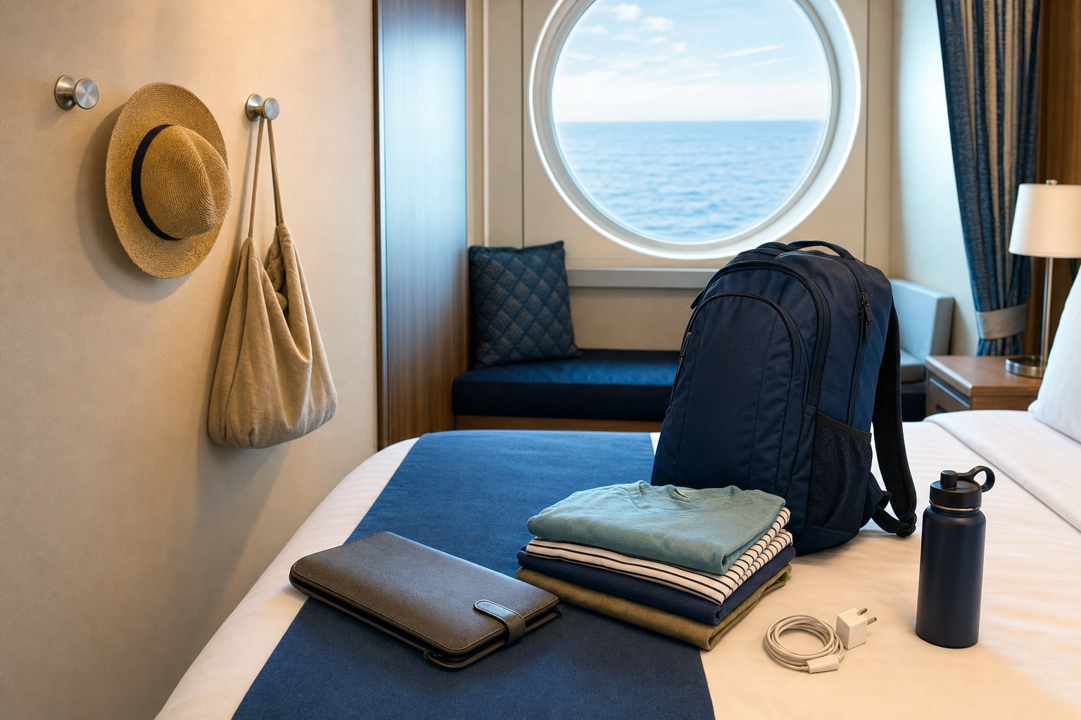 Organized cruise cabin with a daypack, folded clothes and travel essentials