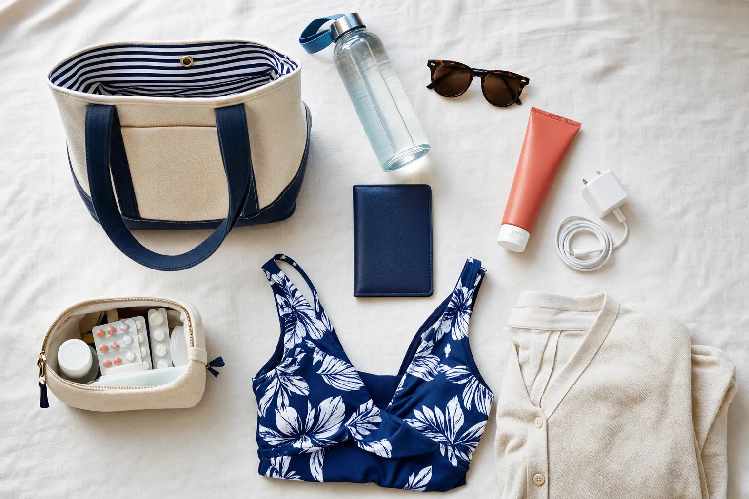 Cruise carry-on essentials arranged beside an open tote bag