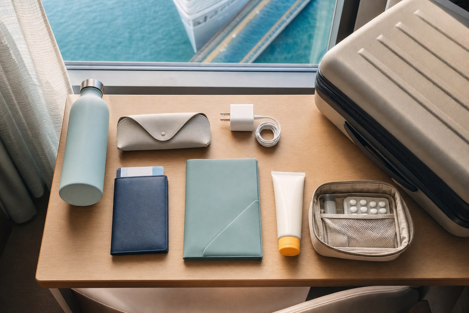 Cruise documents, charger, water bottle and medication pouch beside a carry-on