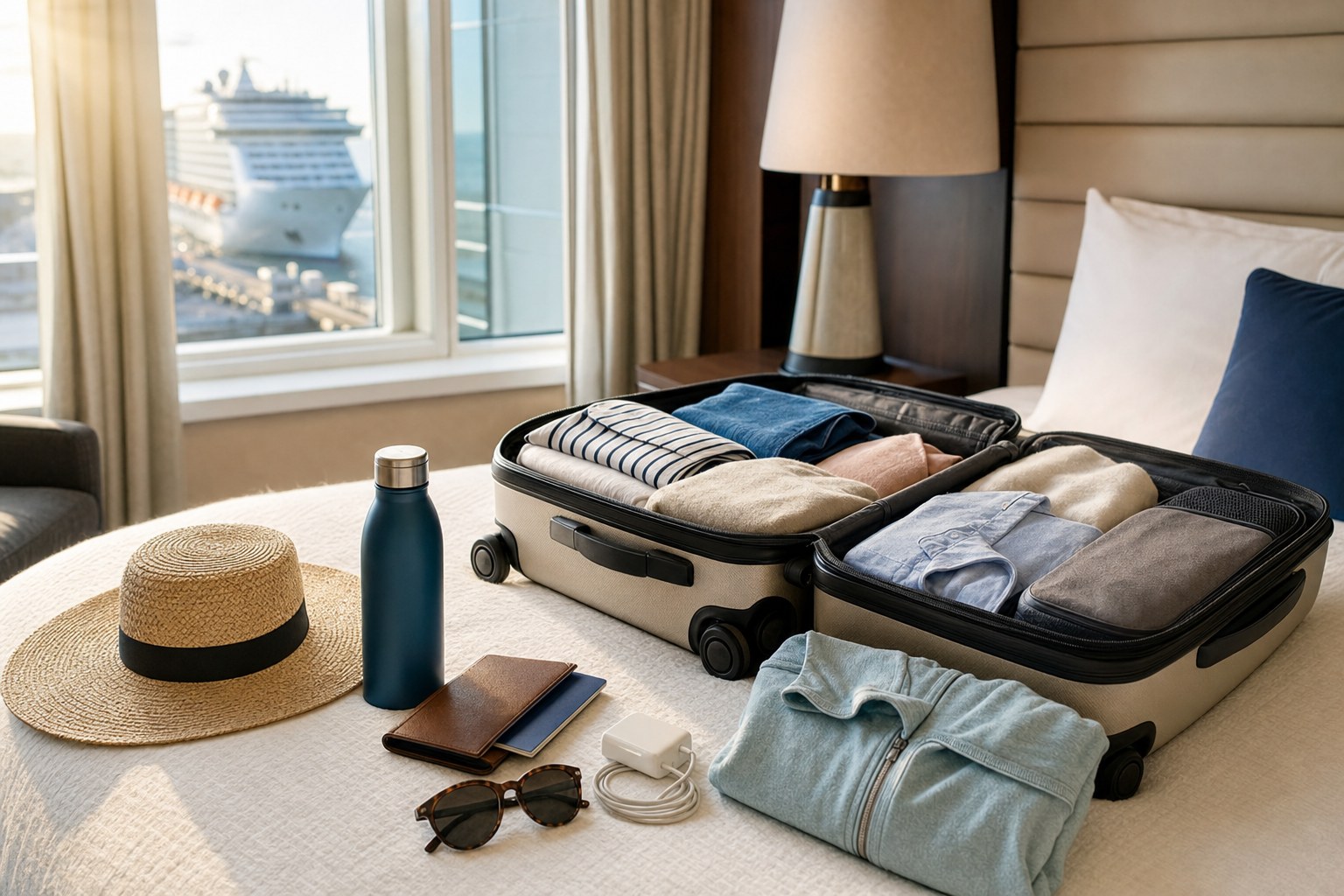 Open suitcase with practical cruise essentials beside a cruise ship