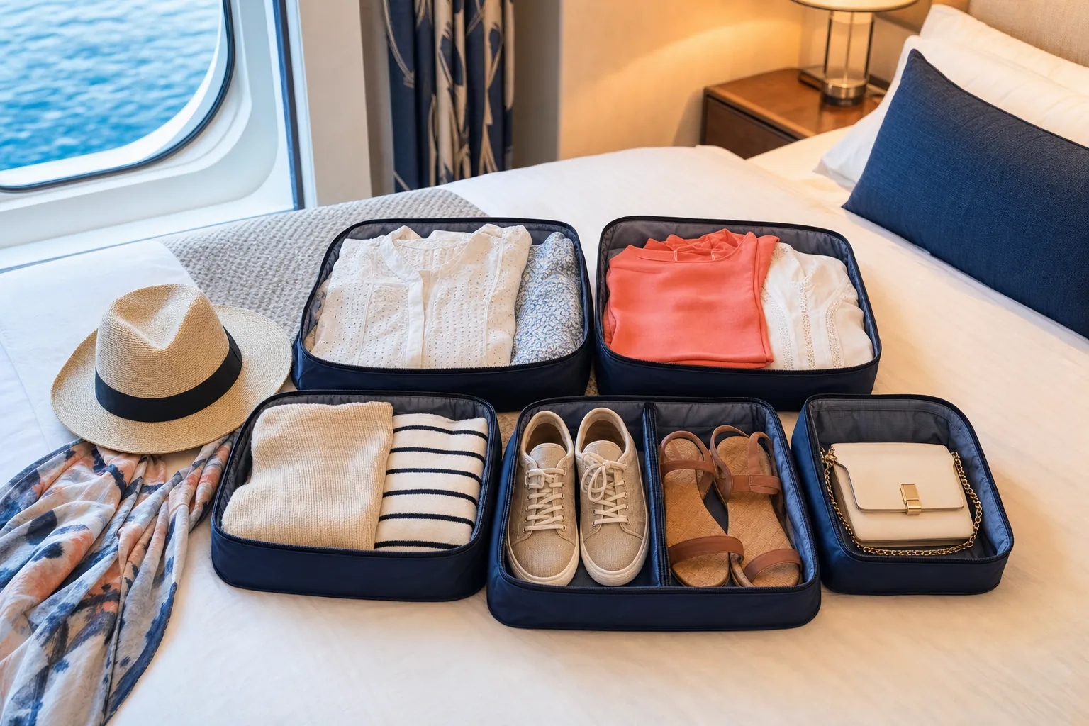 Compact cruise wardrobe with daywear, dinner clothes and shoes arranged in packing cubes