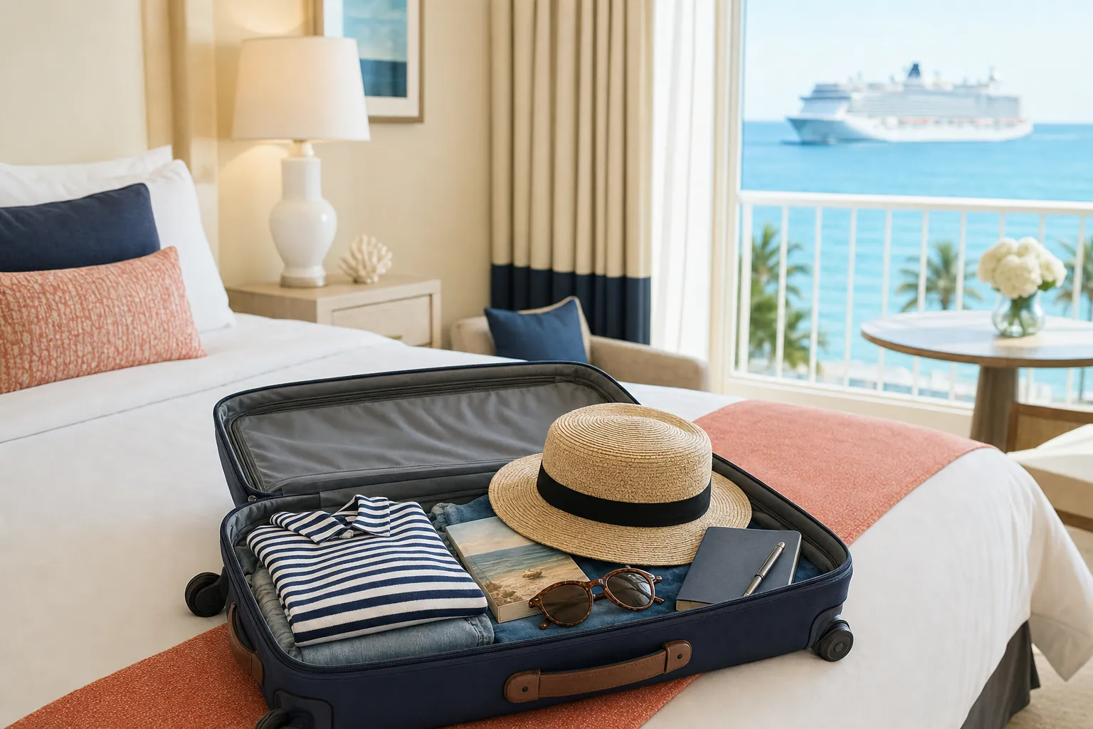 Open suitcase ready for a cruise in a bright coastal room