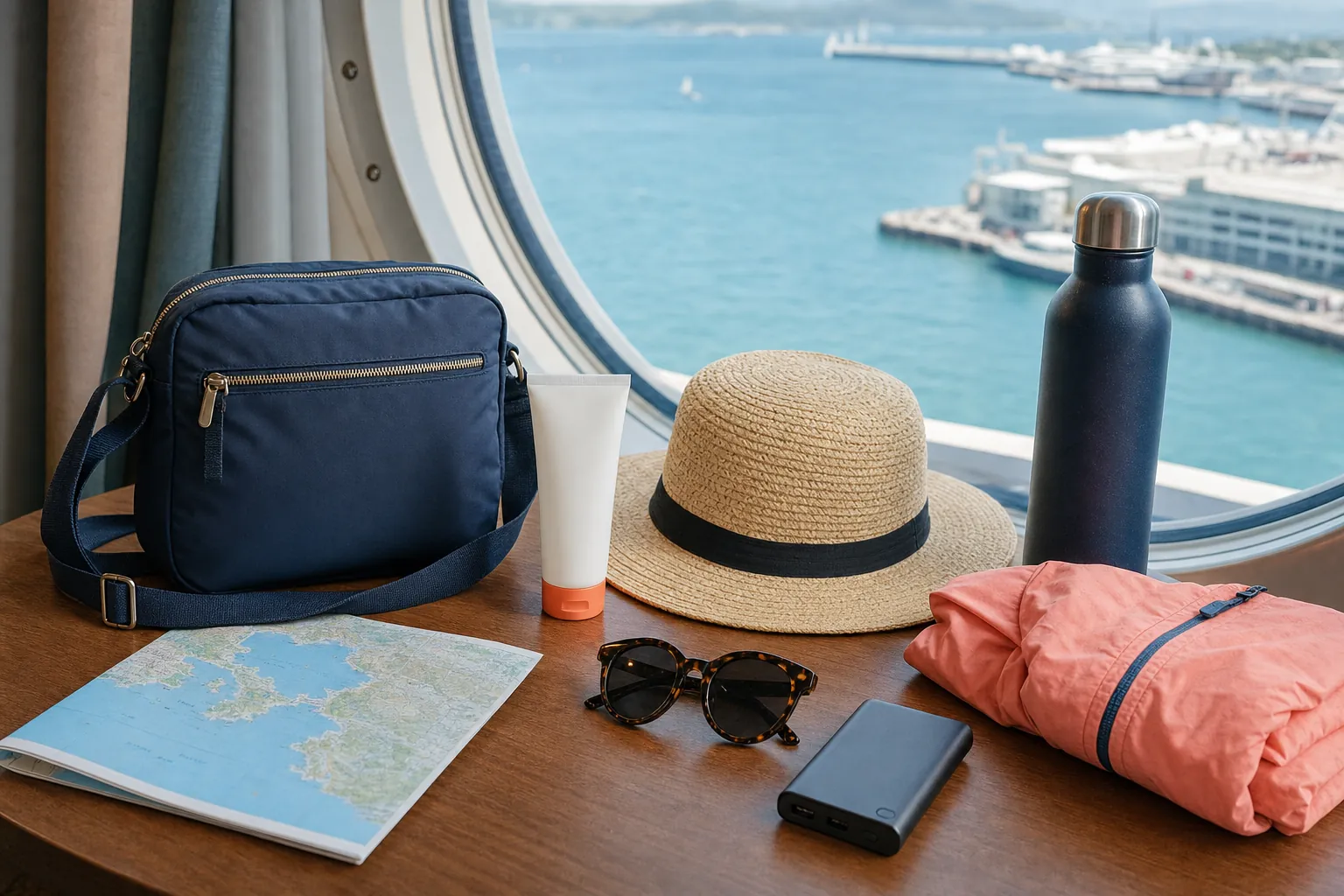 Cruise port day bag with sunscreen, water bottle, hat and charger near a ship window