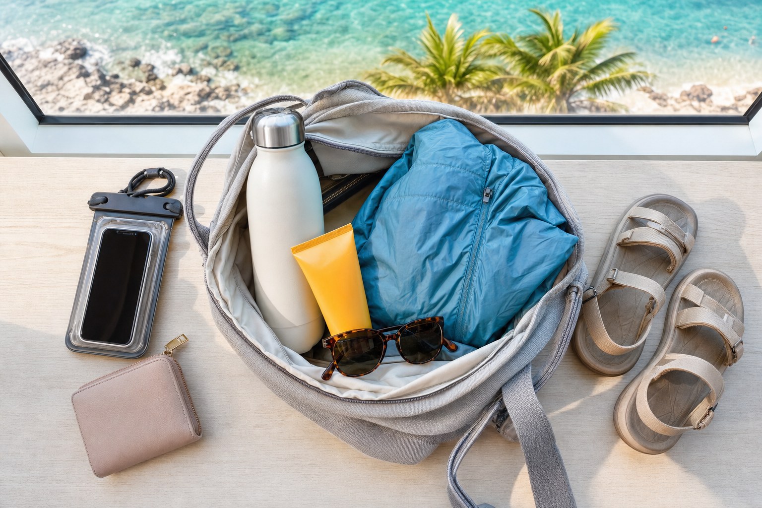 Shore-day bag with sunscreen, water bottle, phone pouch and walking sandals