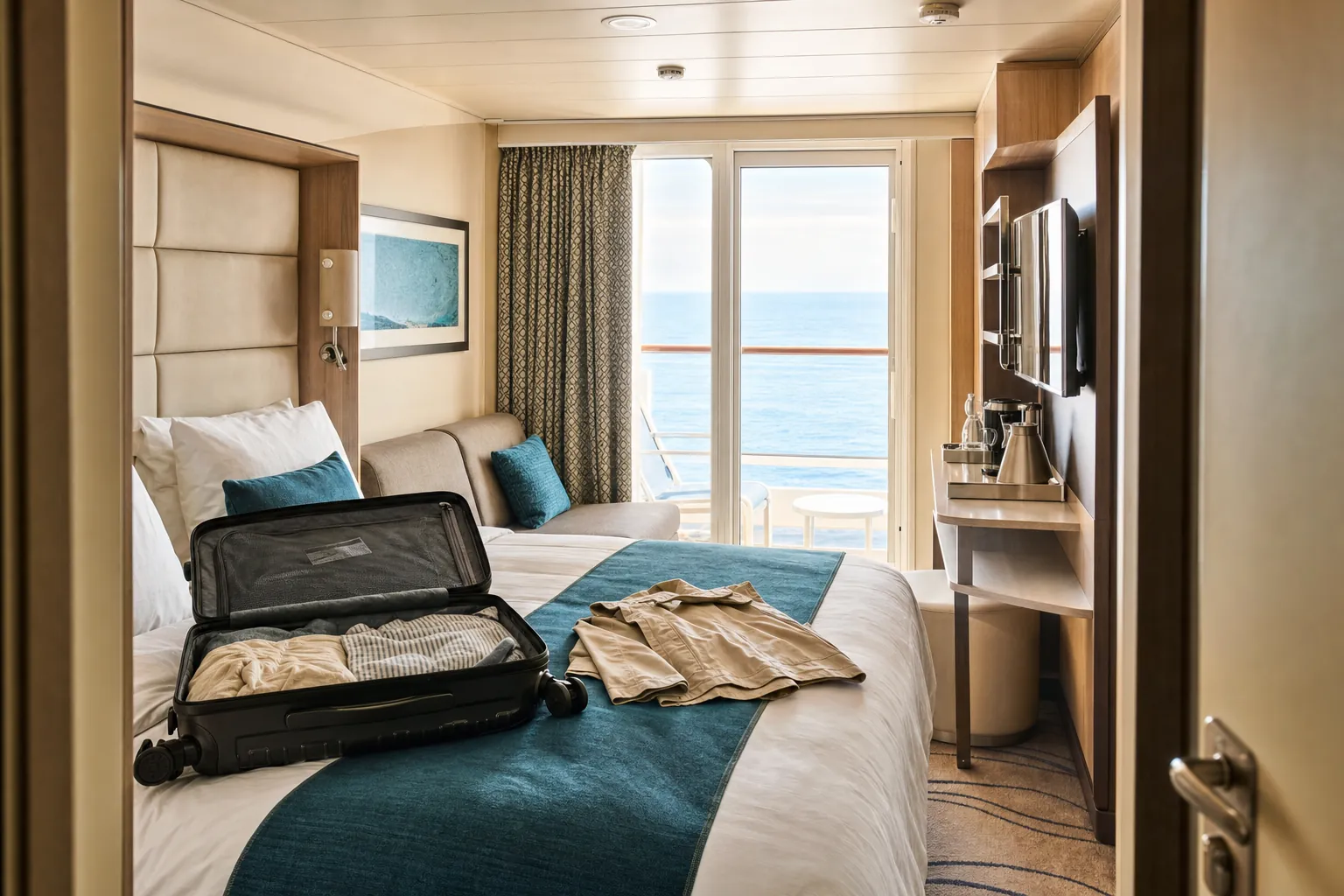 Tidy cruise cabin with an open suitcase and ocean view
