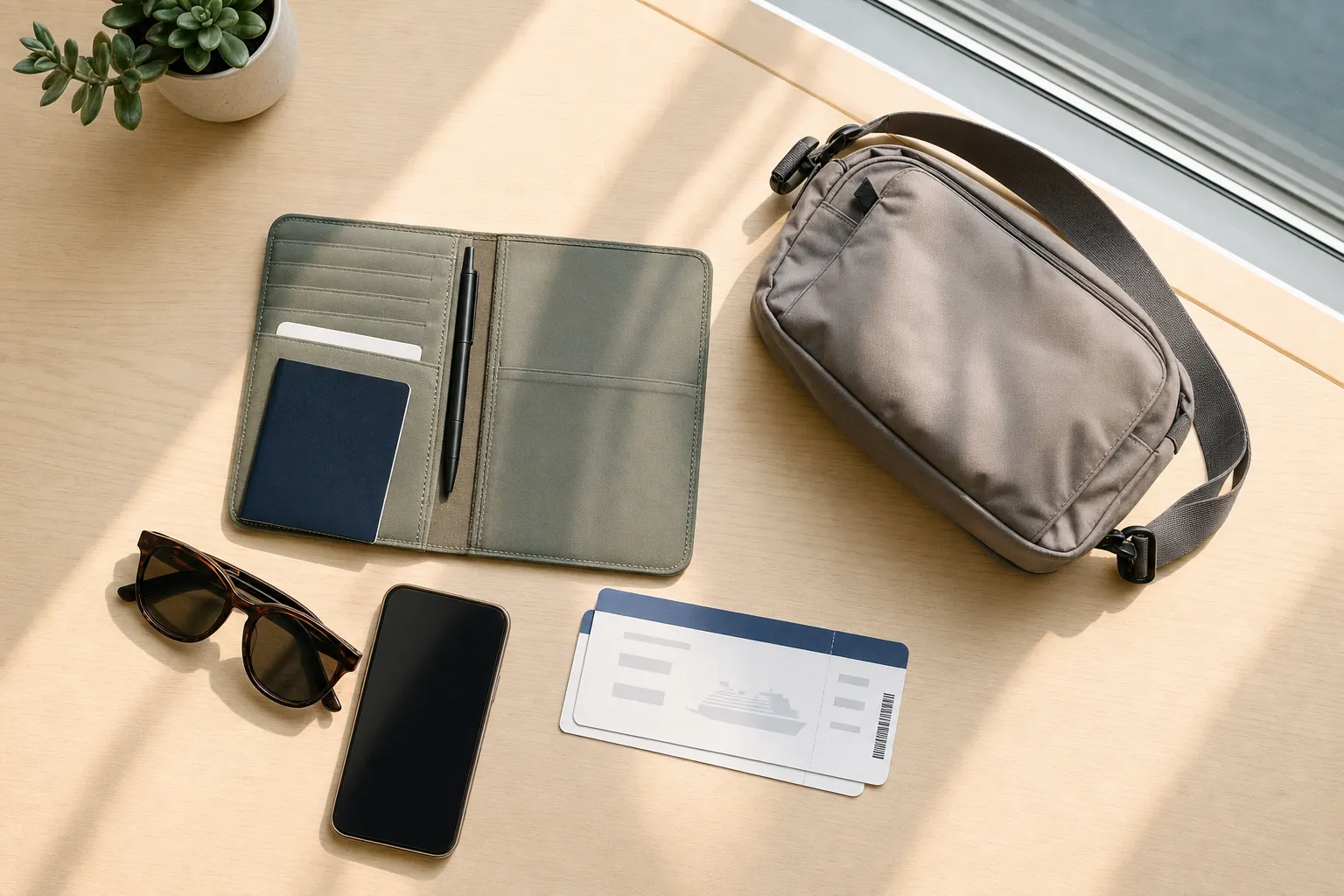 Travel wallet, passport cover, phone and cruise boarding card arranged on a table