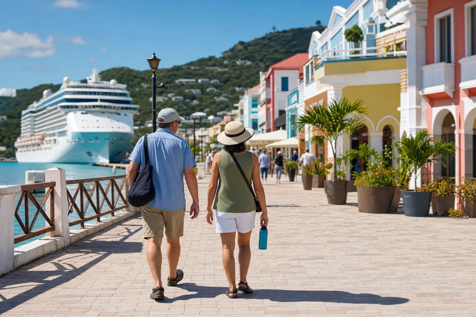 Travelers walking through a colorful waterfront cruise port