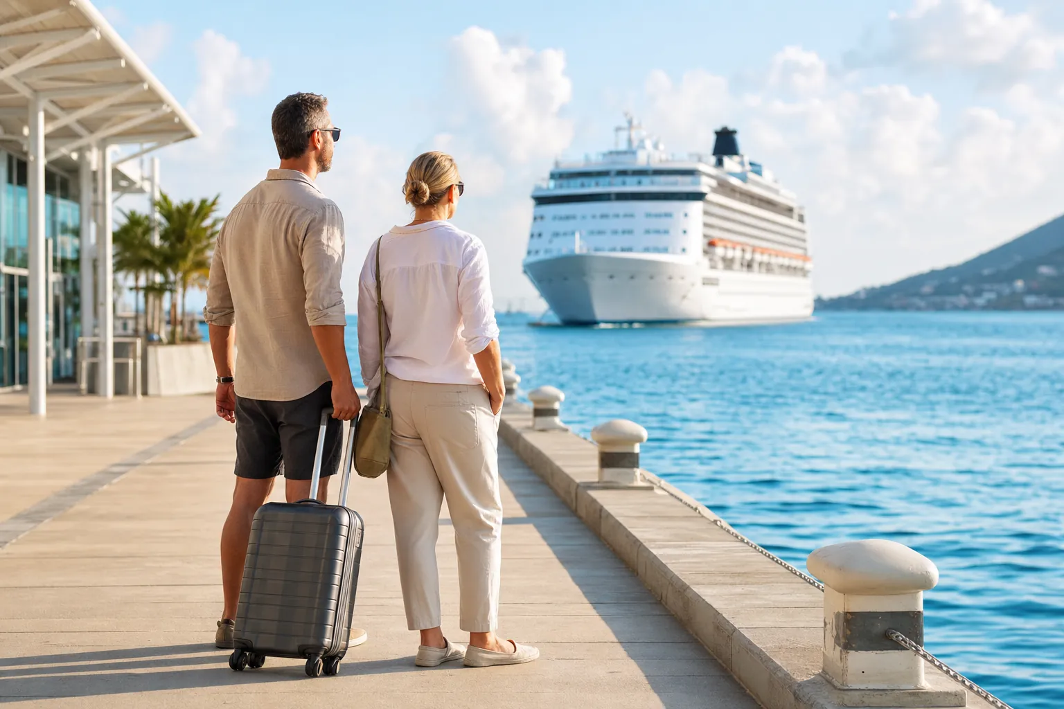 Couple with a suitcase looking toward a cruise ship at a sunny terminal
