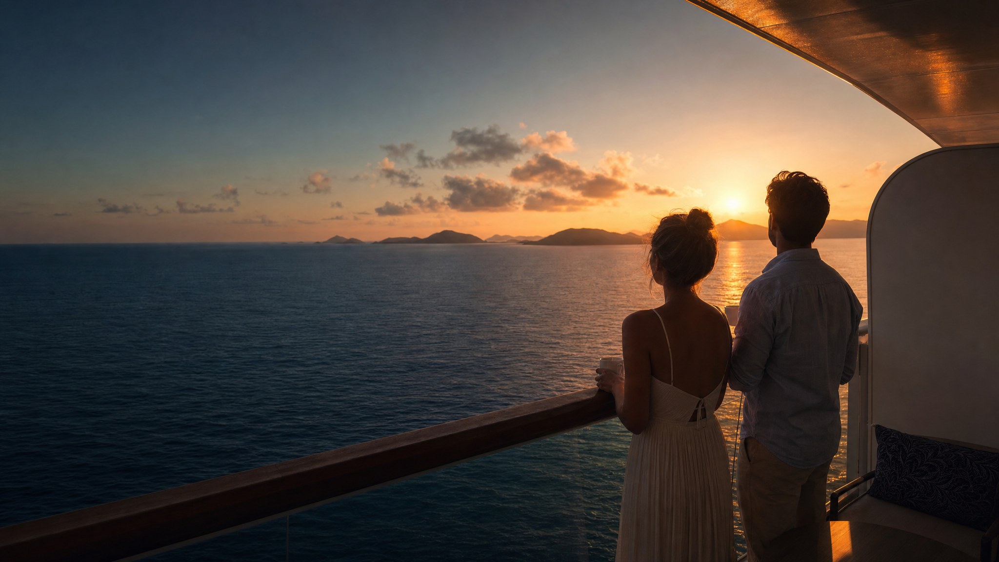 Newlywed couple watching sunrise from a cruise ship balcony