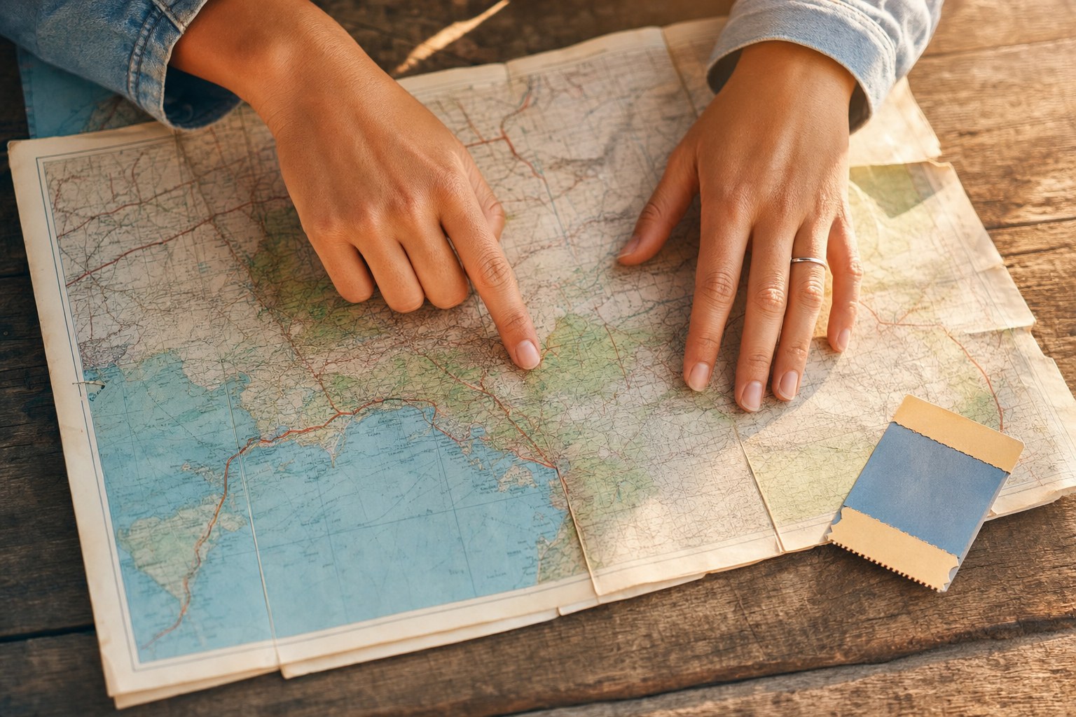 Travel route map and planning notes ready for a honeymoon trip