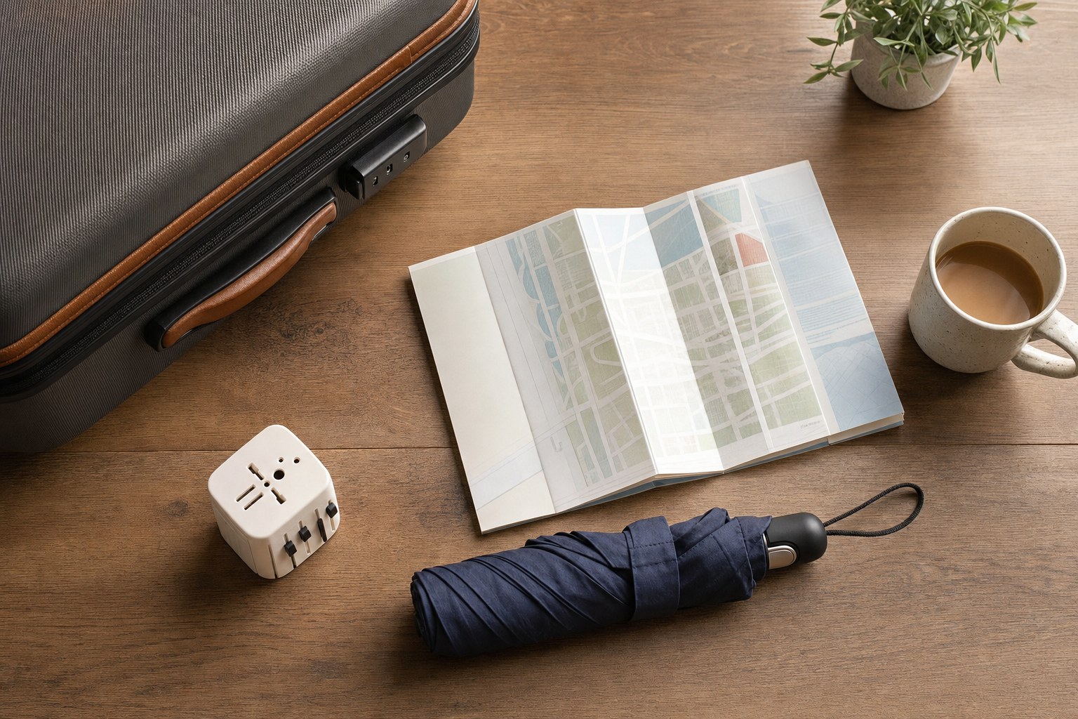 Travel essentials arranged for a couple preparing for a vacation
