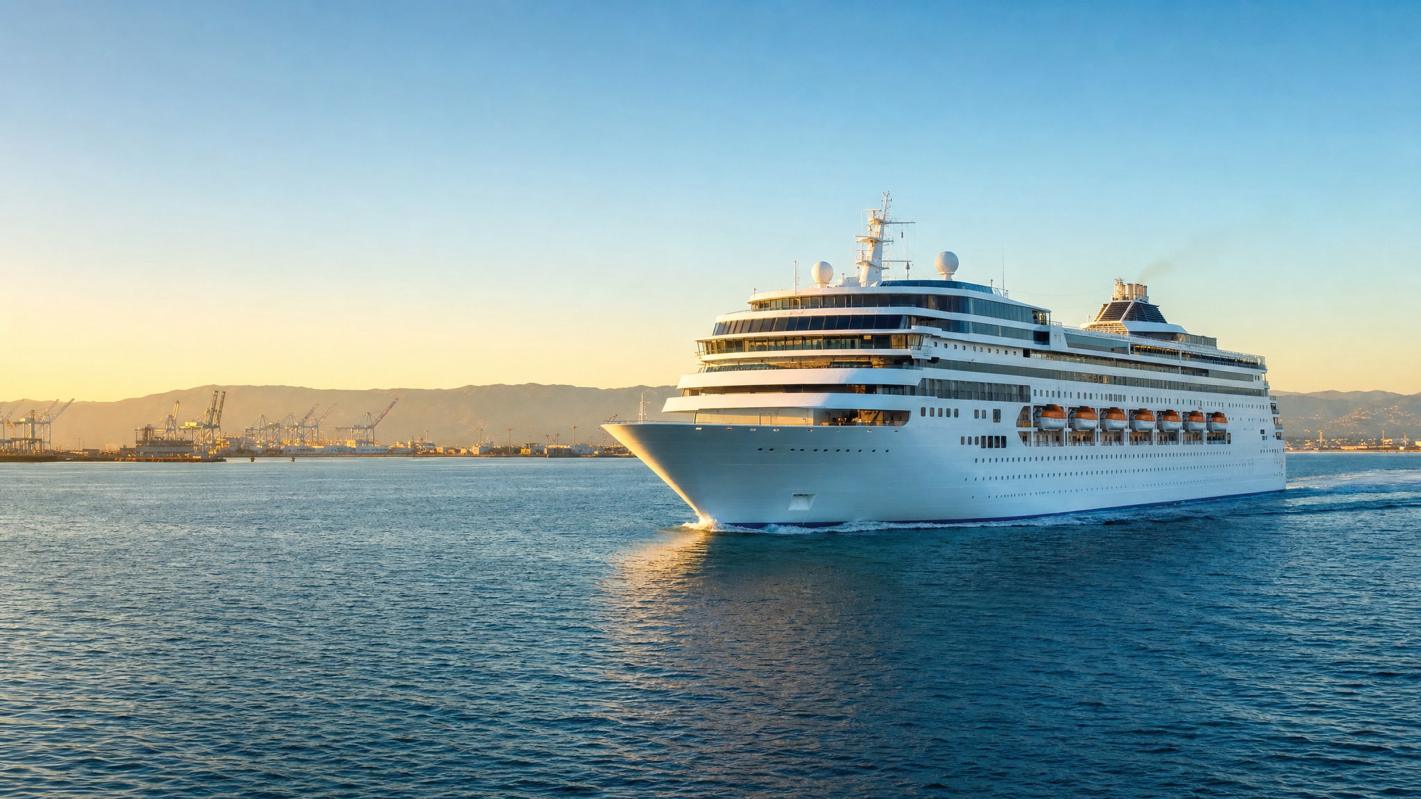 Cruise ship departing Los Angeles harbor at golden hour