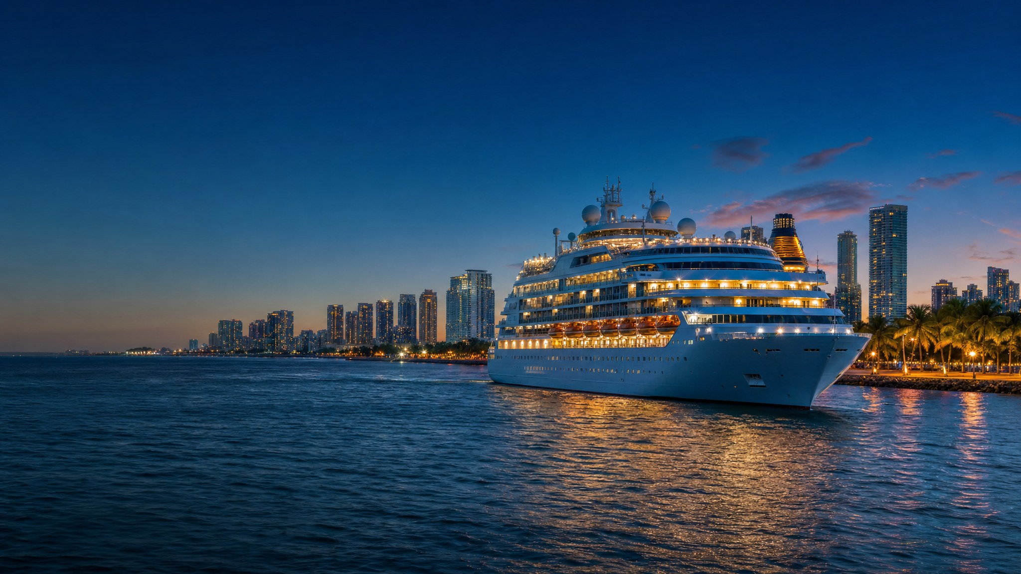 Cruise ship sailing from Miami with the city skyline in the distance