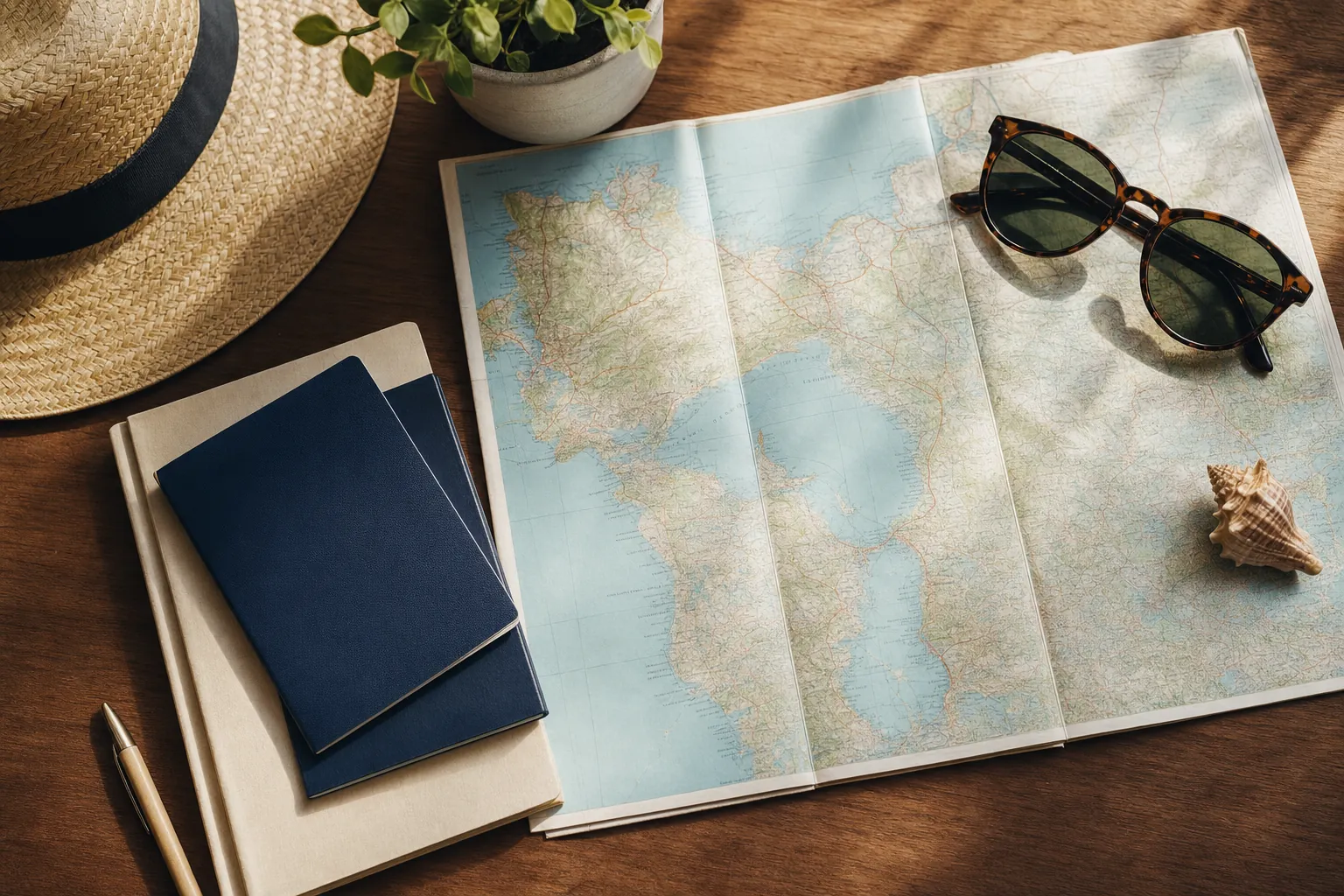 Travel planning materials arranged on a tabletop
