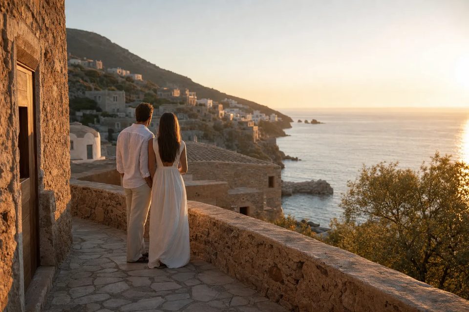 Couple overlooking a Mediterranean coast at sunset