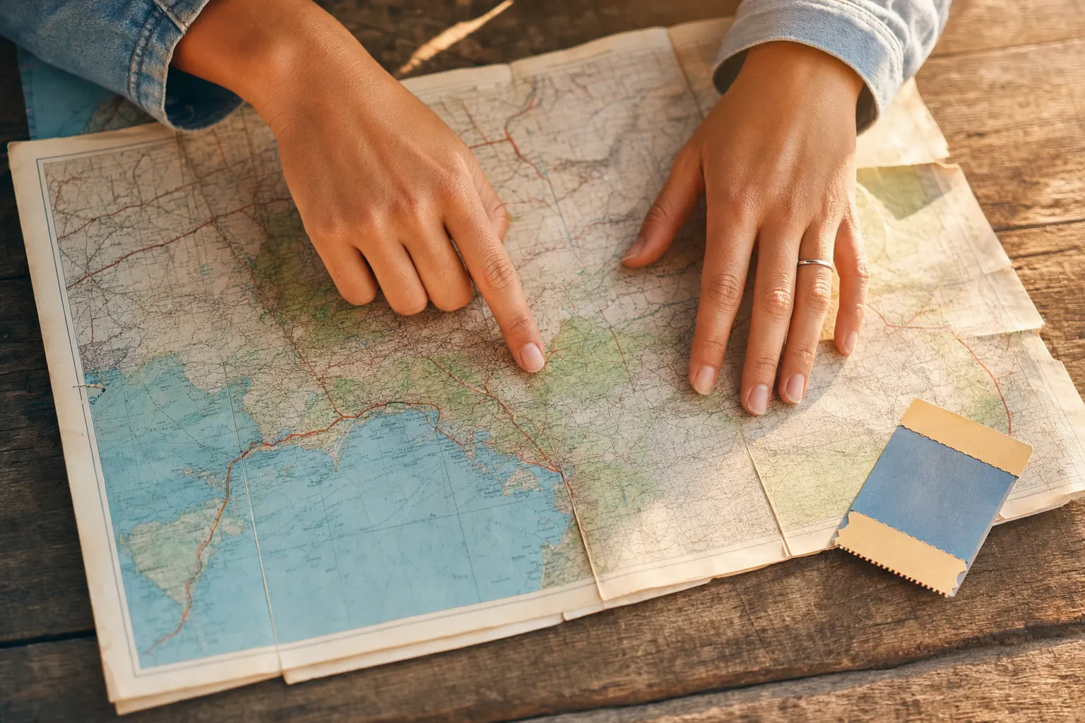 Hands tracing a route across a paper travel map