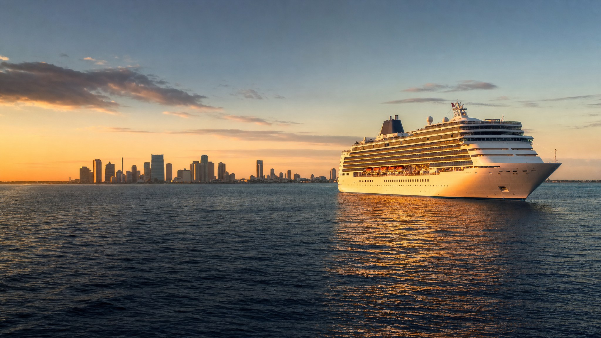 Cruise ship sailing in Tampa Bay at sunrise