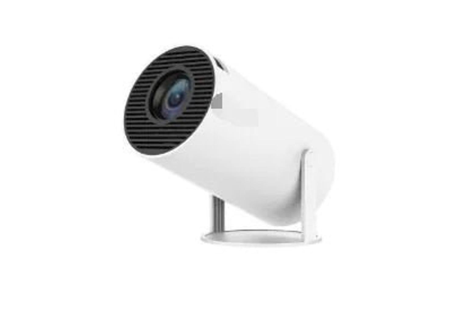 White HY300 portable mini projector on its built-in stand