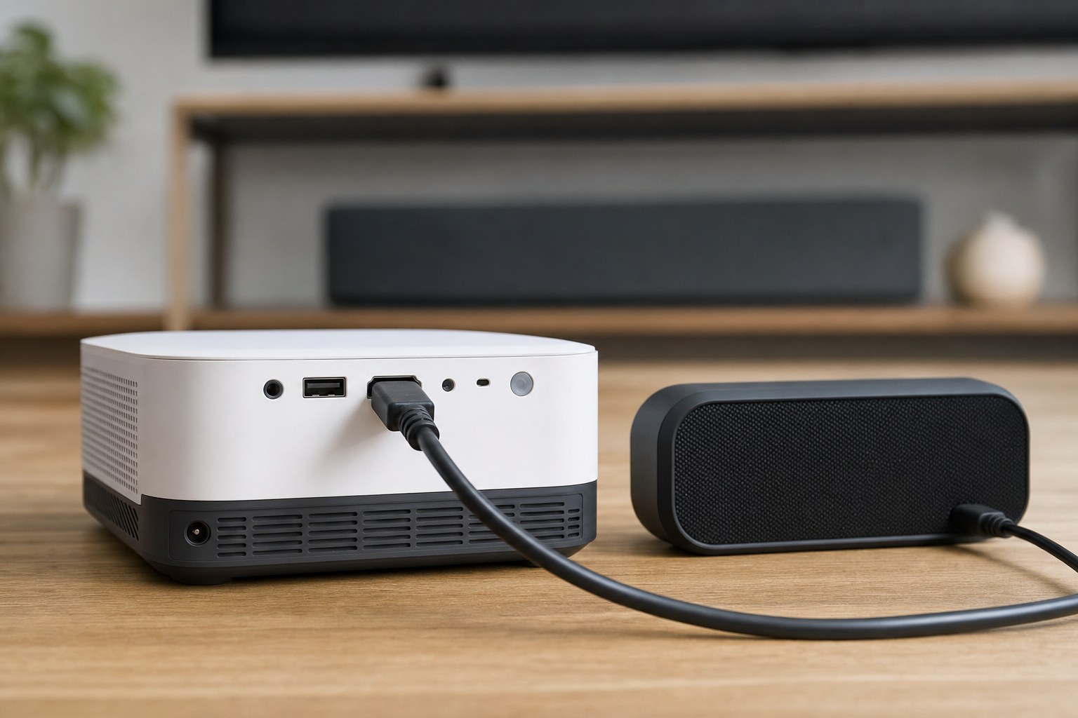 Portable projector connected by HDMI beside a compact external speaker