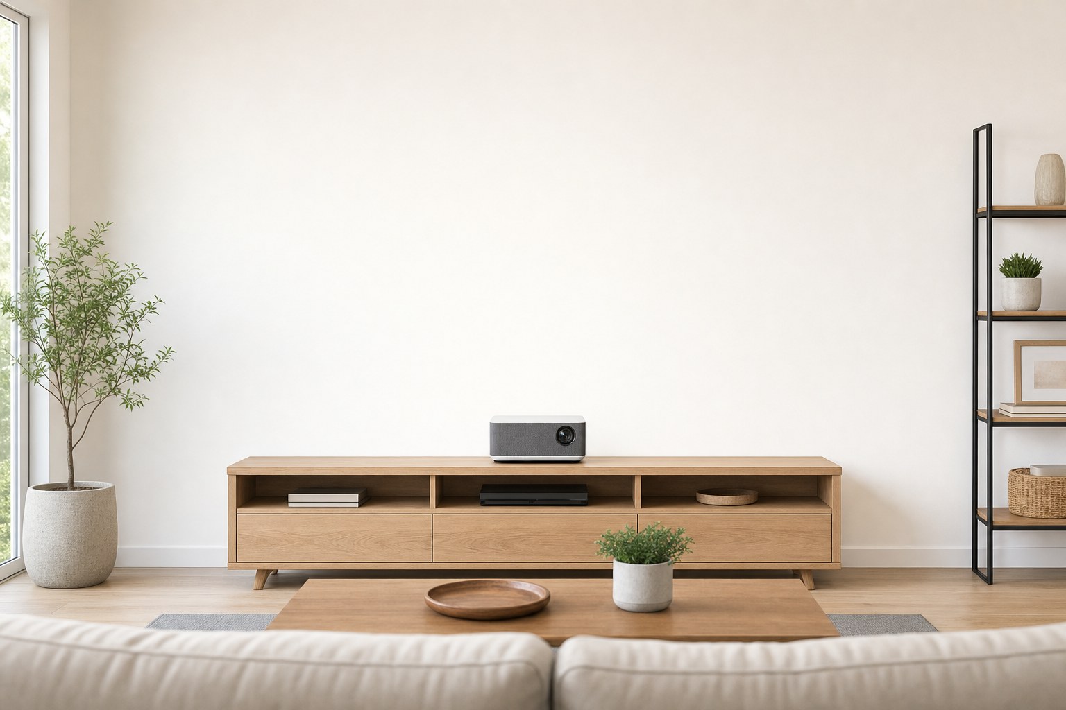 Portable projector centered on a media console facing a blank wall