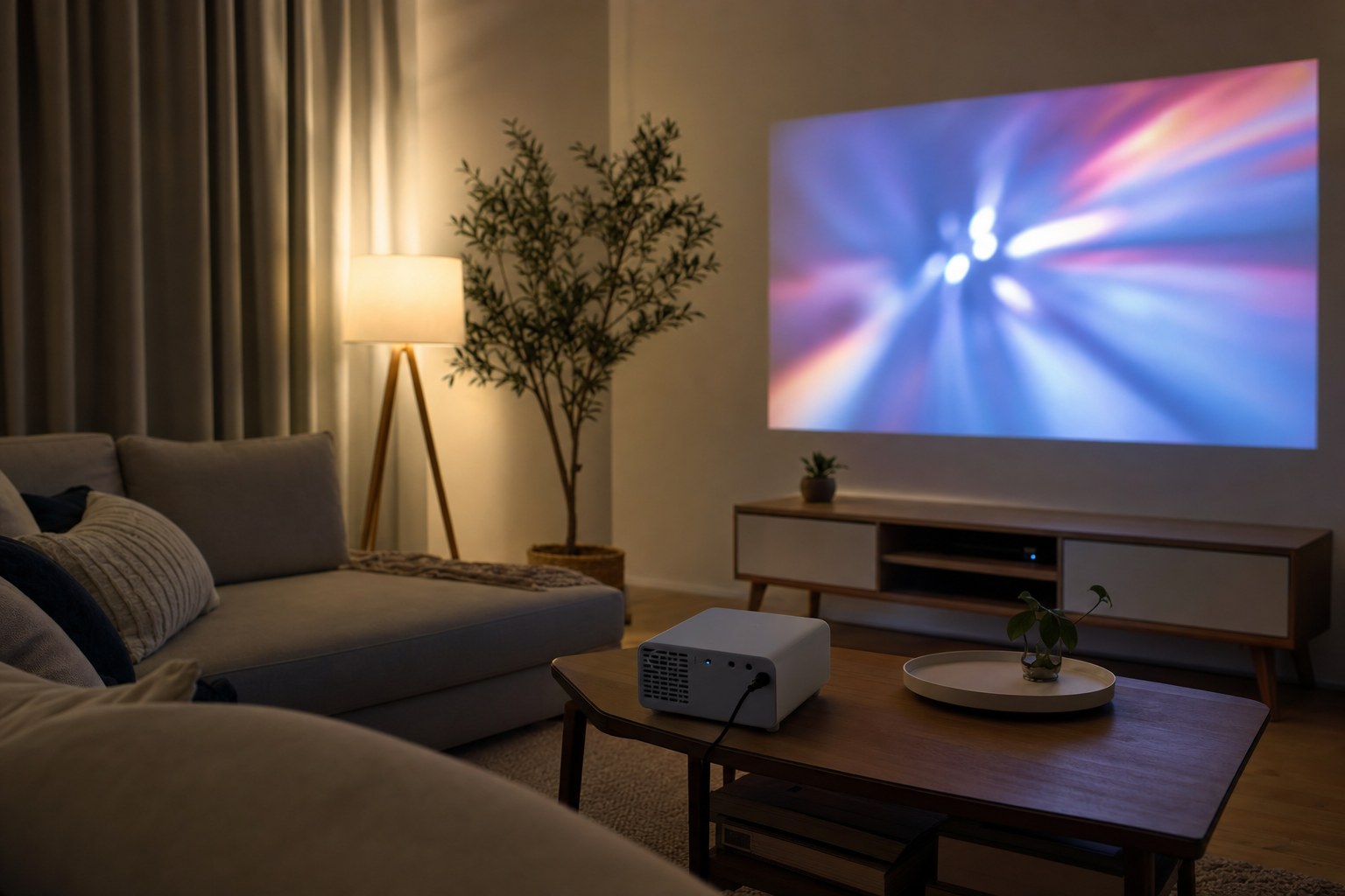 Portable projector ready for a movie night in a living room